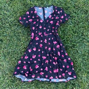 GAP Short Sleeve Skater Mini Dress Black Floral Fall Zipper A-line V-neck